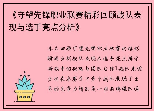 《守望先锋职业联赛精彩回顾战队表现与选手亮点分析》